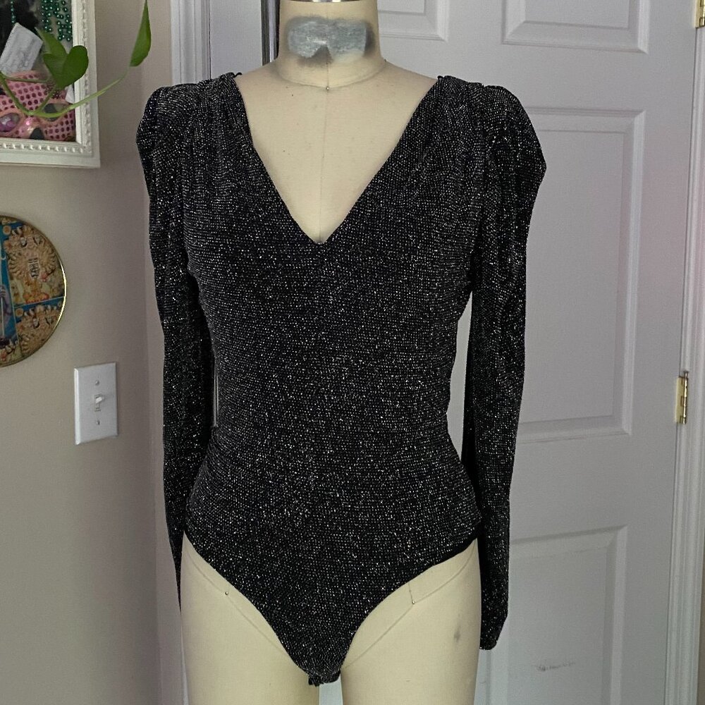 ASTR Black Metallic high-shoulder Stretch Cocktail Bodysuit Shirt *SMALL*